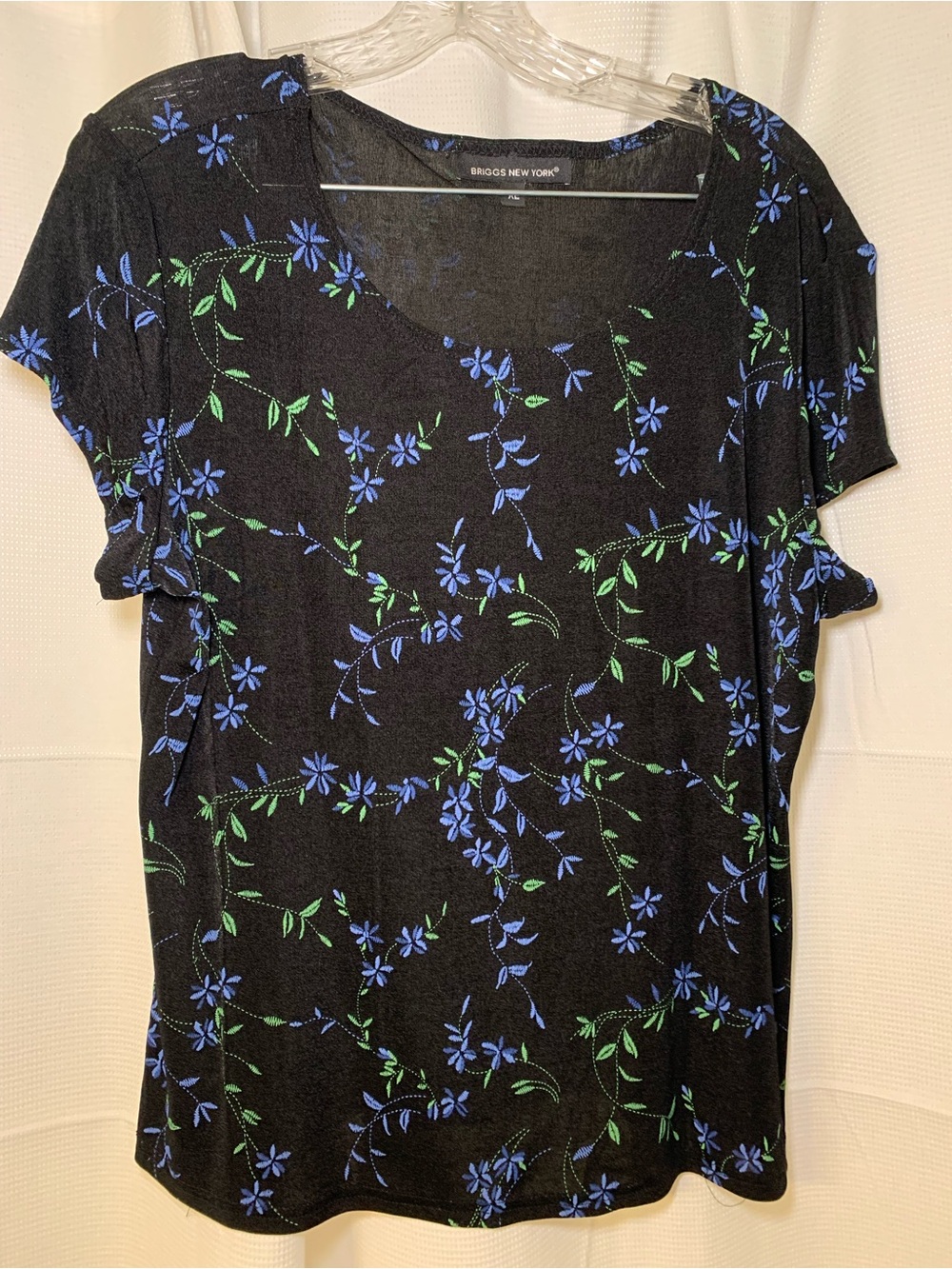 Briggs New York Black Short-Sleeve Top with Blue Floral and Green Vine Print